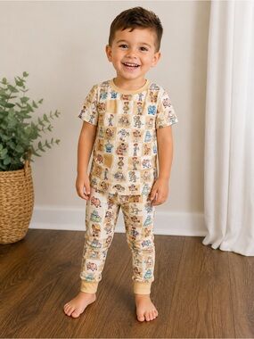 Beige Toy Story Grid Kids Pajama Set - Short Sleeve & Pants